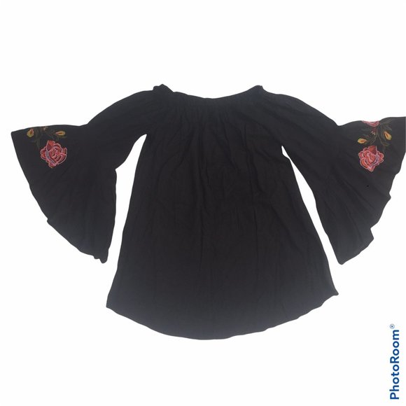 Bohemian FEATHERS  Mini Dress Size M Black -  Off The Shoulder Flower Embroidery - Picture 1 of 6